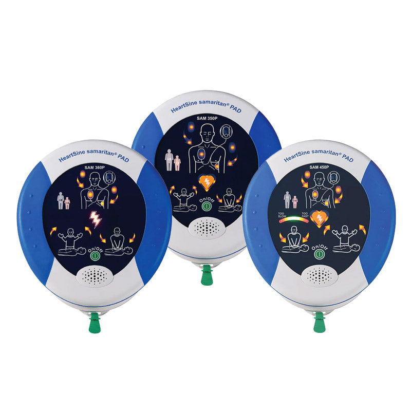 Three HeartSine Samaritan PAD defibrillators on a white background