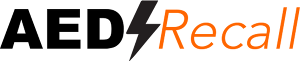 Logo of AED Recall with black and orange text