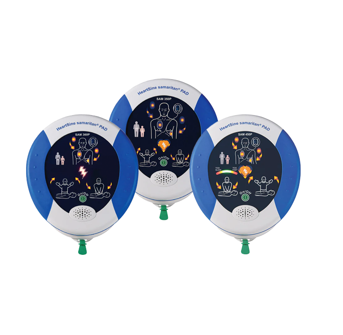 Three HeartStart Defibrillators on a white background