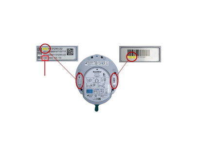 HeartSine samaritan AED with labels and barcodes on a white background
